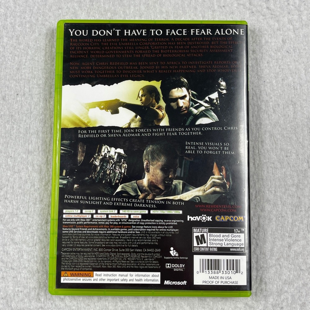 Capcom Resident Evil 5 Xbox 360 OS Green Survival Horror Action CIB Game - Picture 2 of 6